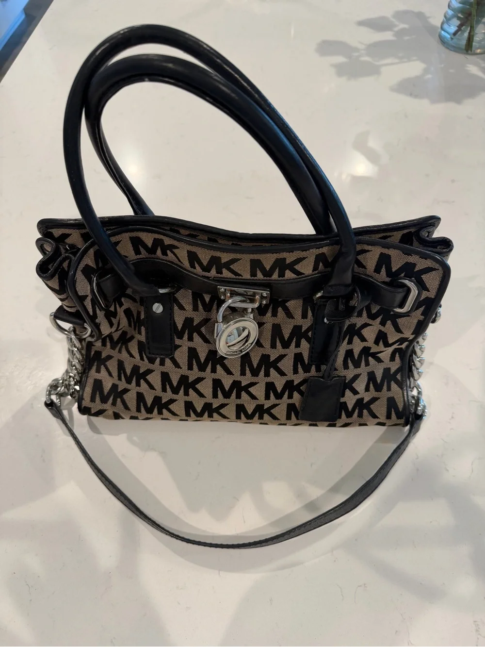 Michael Kors Hamilton Black MK Signature Jacquard Satchel Bag